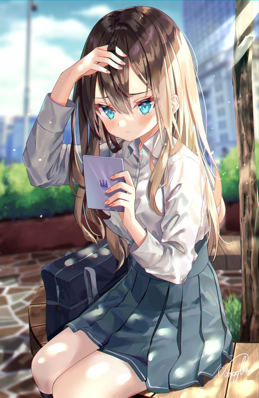 1girl absurdres adjusting_hair bag bangs bench black_legwear blue_eyes blue_skirt blurry blurry_background breasts brown_hair building bush collared_shirt dappled_sunlight dress_shirt frown hair_between_eyes highres holding lamppost long_sleeves looking_at_viewer medium_breasts original school_bag school_uniform shirt shirt_tucked_in sinobi_illust sitting skirt solo sunlight thigh-highs tree uniform white_shirt