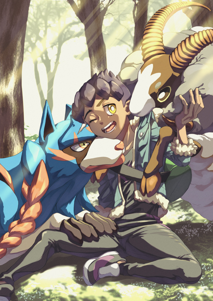 1boy black_hair black_shirt commentary_request dubwool eyelashes forest fur-trimmed_jacket fur_trim gen_8_pokemon highres hop_(pokemon) jacket komame_(st_beans) legendary_pokemon light_beam looking_to_the_side male_focus nature one_eye_closed open_mouth outdoors pants pokemon pokemon_(creature) pokemon_(game) pokemon_swsh shirt short_hair sitting sleeves_past_elbows teeth tongue tree yellow_eyes zacian zacian_(hero)