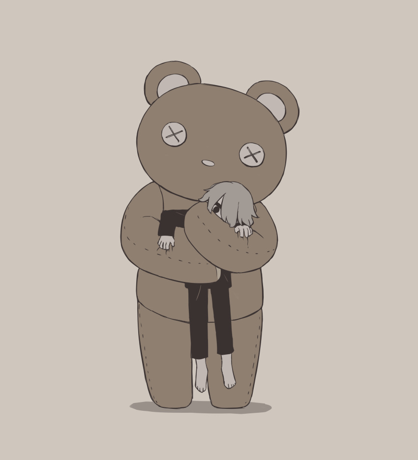 1boy absurdres avogado6 barefoot black_eyes black_pants black_shirt button_eyes grey_background grey_hair highres holding holding_person hug looking_at_viewer original oversized_object pajamas pants shirt simple_background solo standing stuffed_animal stuffed_toy teddy_bear