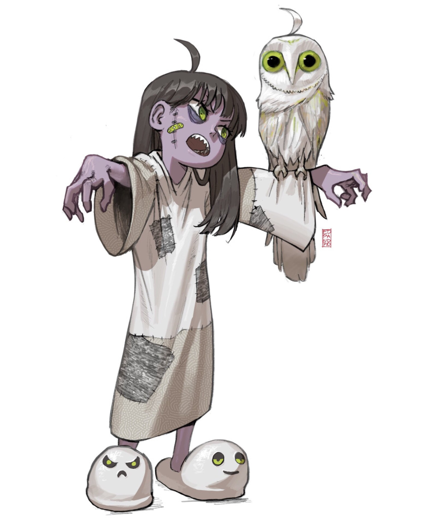 1girl ahoge animal_on_arm bags_under_eyes barn_owl bird bird_on_arm dress edpan full_body green_eyes grey_hair highres long_sleeves open_mouth original patches purple_skin sharp_teeth signature simple_background slippers solo stitched_face teeth white_background white_dress zombie