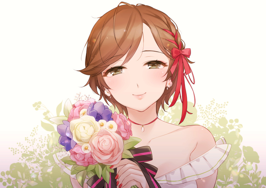 1girl bare_shoulders bouquet brown_eyes brown_hair choker collarbone floral_background flower highres holding holding_bouquet jewelry lips looking_at_viewer meiko nail_polish necklace pink_flower pink_rose portrait purple_flower red_nails rose sasanoneko smile solo vocaloid white_flower white_rose