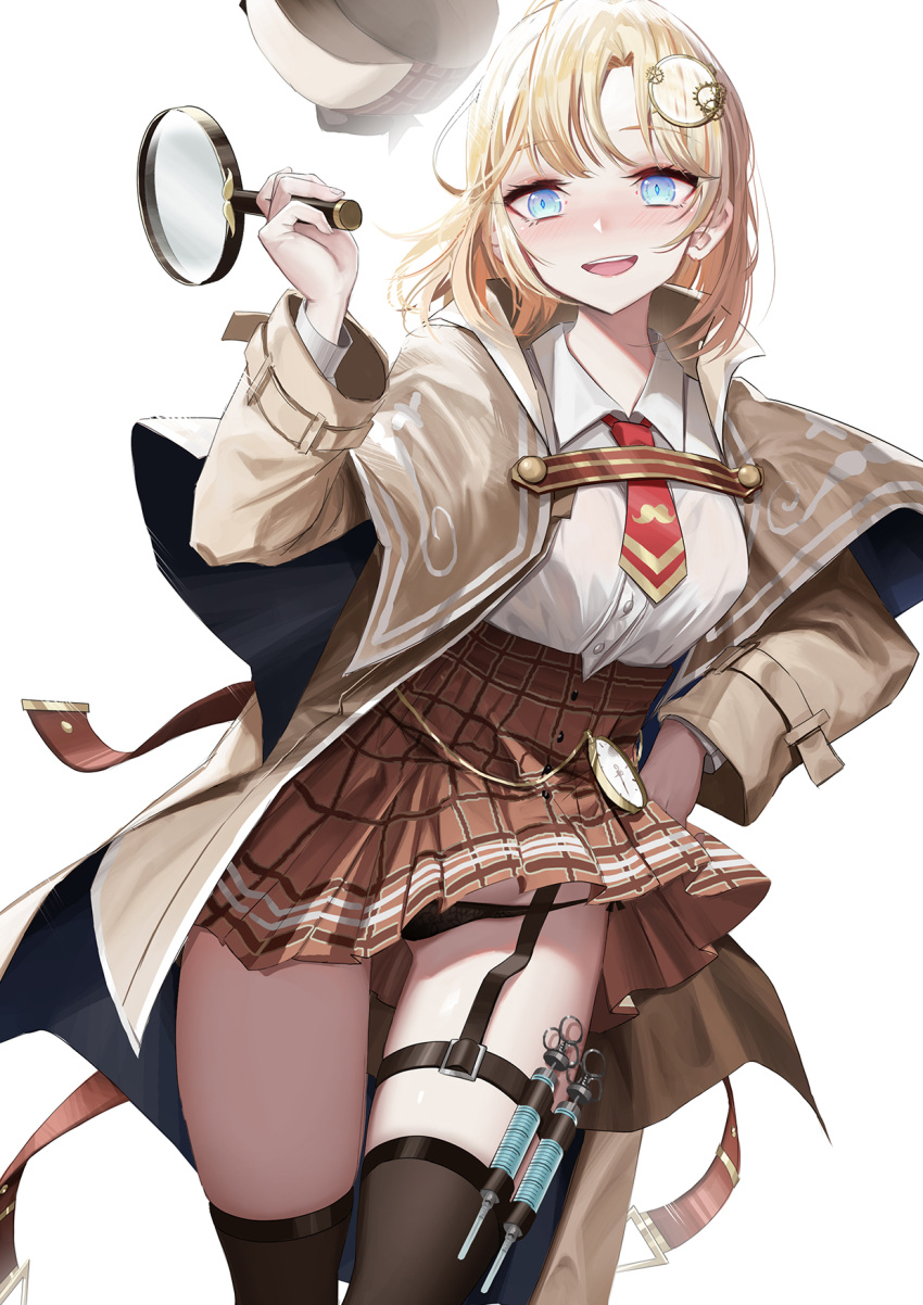 1girl :d bangs black_legwear blonde_hair blue_eyes breasts capitan_wei collared_shirt cowboy_shot eyebrows_visible_through_hair hair_ornament hand_on_hip hat hat_removed headwear_removed highres hololive hololive_english long_sleeves looking_at_viewer magnifying_glass monocle_hair_ornament necktie open_mouth plaid plaid_skirt red_neckwear shirt simple_background skirt smile solo syringe thigh-highs thigh_strap thighs virtual_youtuber watson_amelia white_background white_shirt