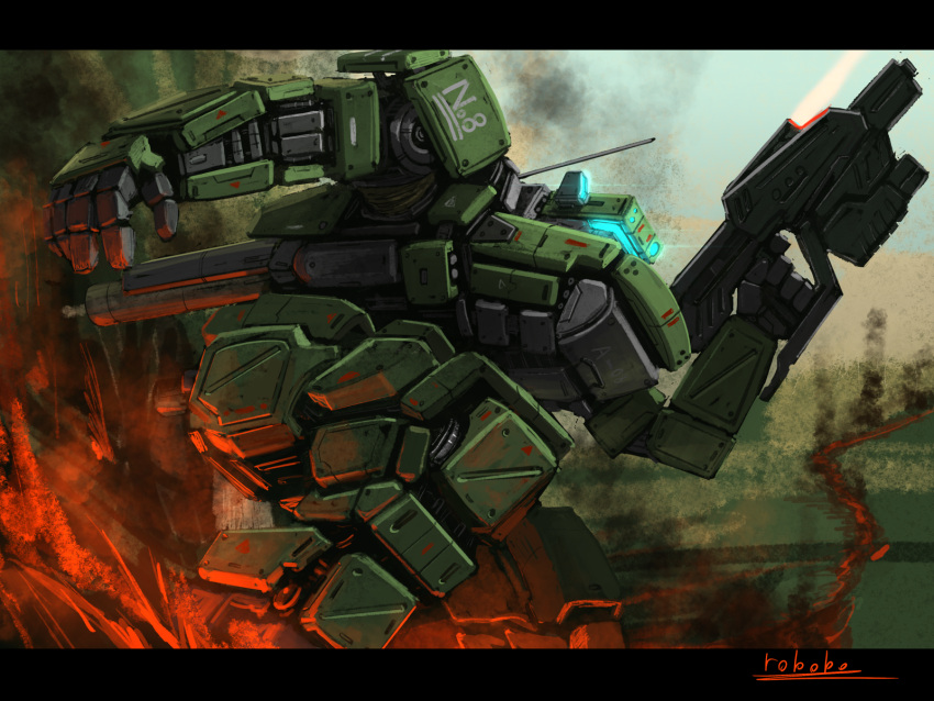 bottoms1237 from_below glowing gun highres holding holding_gun holding_weapon looking_ahead mecha military no_humans original science_fiction solo visor weapon