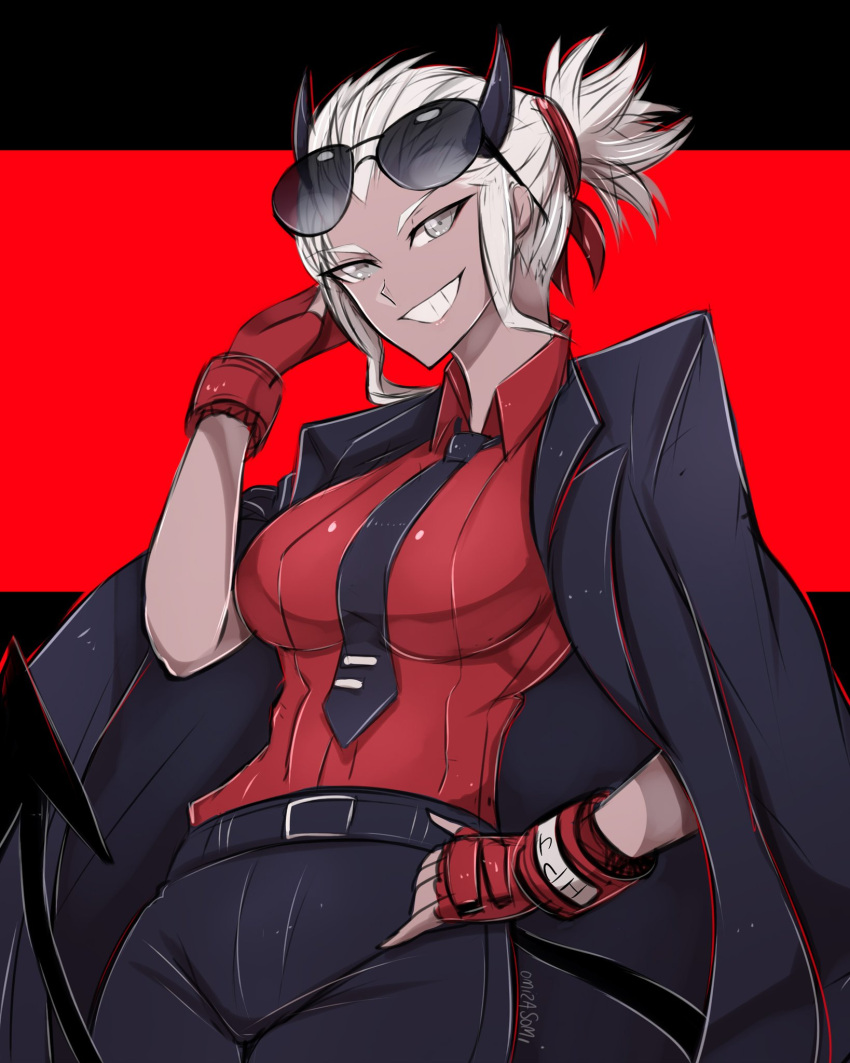1girl aviator_sunglasses breasts cowboy_shot eyewear_on_head gloves grey_eyes hand_on_hip helltaker highres jacket jacket_on_shoulders justice_(helltaker) large_breasts looking_at_viewer medium_breasts necktie omiza_somi pants red_background red_gloves red_shirt shirt silver_hair smile solo sunglasses