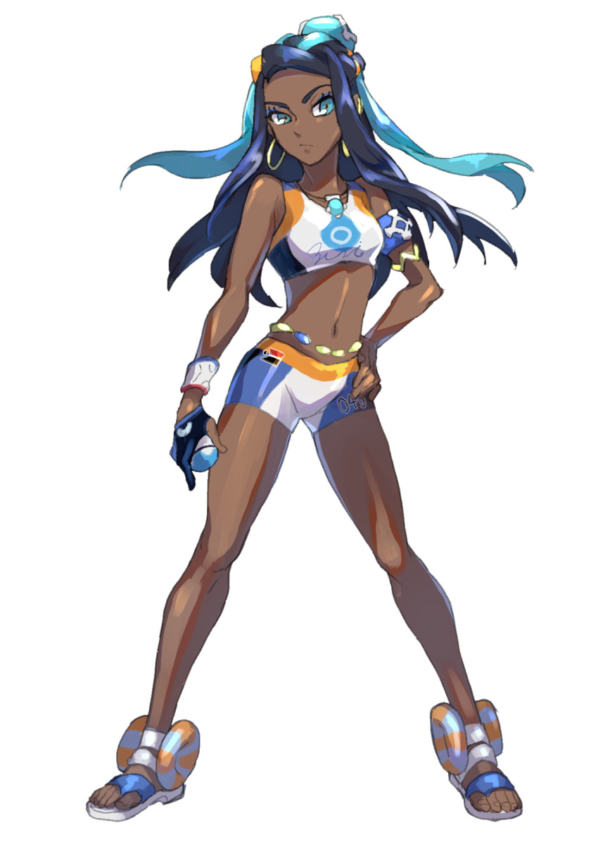 1girl aqua_eyes arm_at_side armlet belly_chain bike_shorts black_hair blue_eyeshadow commentary_request dark_skin dive_ball dynamax_band earrings eyeshadow full_body gloves gym_leader hair_bun hand_on_hip highres holding holding_poke_ball hoop_earrings jewelry komame_(st_beans) legs_apart long_hair makeup multicolored_hair navel necklace nessa_(pokemon) number poke_ball pokemon pokemon_(game) pokemon_swsh sandals single_glove solo standing toes two-tone_hair white_background