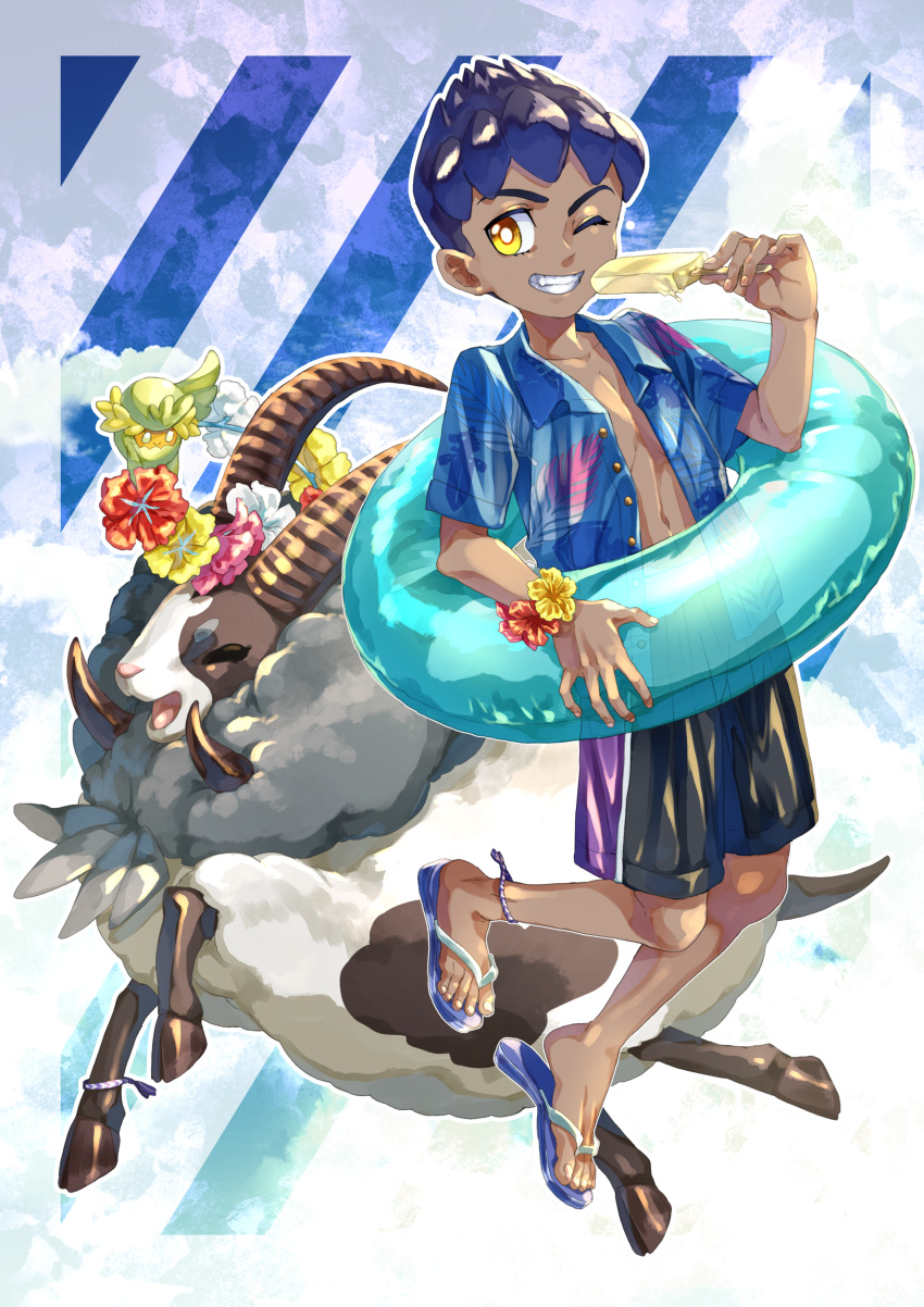 1boy absurdres blue_shirt buttons clenched_teeth comfey commentary_request dark_skin dark_skinned_male dubwool fingernails food gen_7_pokemon gen_8_pokemon highres holding hop_(pokemon) innertube komame_(st_beans) looking_to_the_side male_focus male_swimwear one_eye_closed open_clothes open_shirt pokemon pokemon_(creature) pokemon_(game) pokemon_swsh popsicle sandals shirt short_hair short_sleeves smile swim_trunks swimwear teeth toes