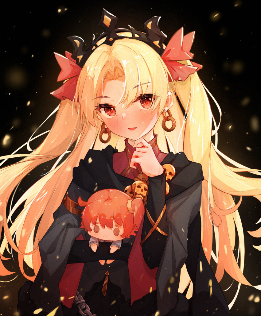 1girl bangs black_dress blonde_hair blush breasts dress earrings ereshkigal_(fate/grand_order) fate/grand_order fate_(series) fujimaru_ritsuka_(female) gold_trim highres hoop_earrings jewelry large_breasts long_hair long_sleeves looking_at_viewer medium_breasts open_mouth parted_bangs scarf skull smile stuffed_toy tiara two_side_up wide_sleeves yorurui_sansan