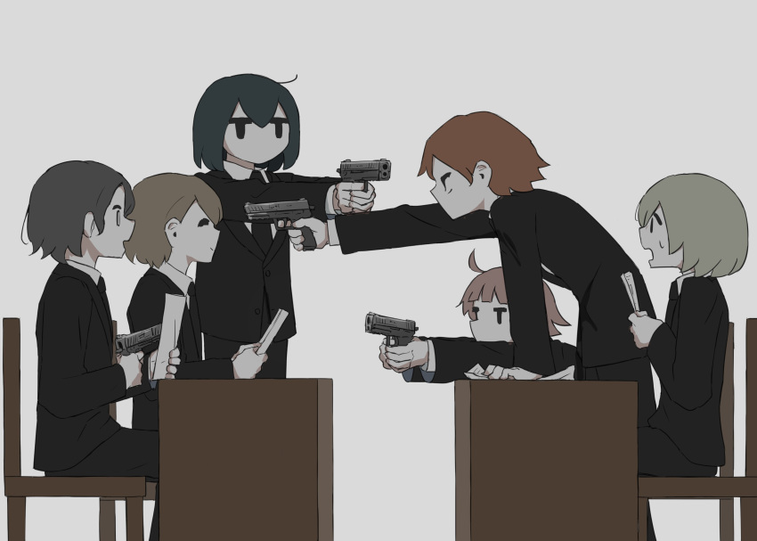 6+boys :d absurdres ahoge avogado6 black_eyes black_jacket black_pants blonde_hair brown_hair business_suit chair closed_eyes concealed_weapon d: desk finger_on_trigger formal green_hair grey_background grey_hair gun gun_to_head highres holding holding_gun holding_weapon jacket jitome long_sleeves multiple_boys open_mouth original pants simple_background sitting smile suit sweatdrop weapon