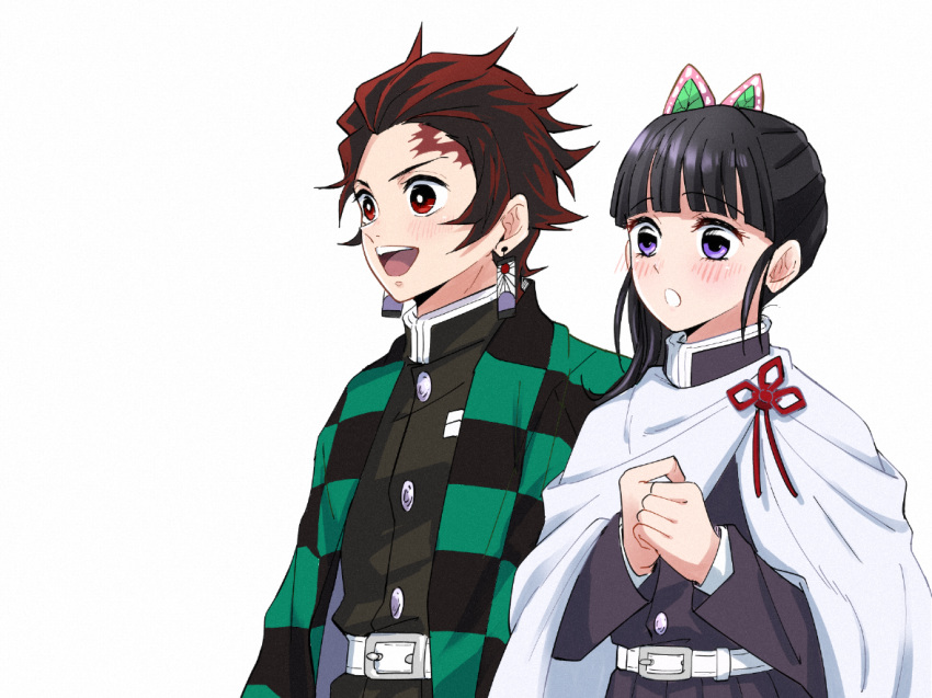 1boy 1girl :d belt belt_buckle black_hair black_jacket black_skirt blush buckle butterfly_hair_ornament cape earrings hair_ornament haori jacket japanese_clothes jewelry kamado_tanjirou kimetsu_no_yaiba long_hair long_sleeves multicolored_hair open_mouth pleated_skirt red_eyes red_ribbon redhead ribbon san_mon short_hair side_ponytail simple_background skirt smile tsuyuri_kanao two-tone_hair upper_body violet_eyes white_background white_belt white_cape