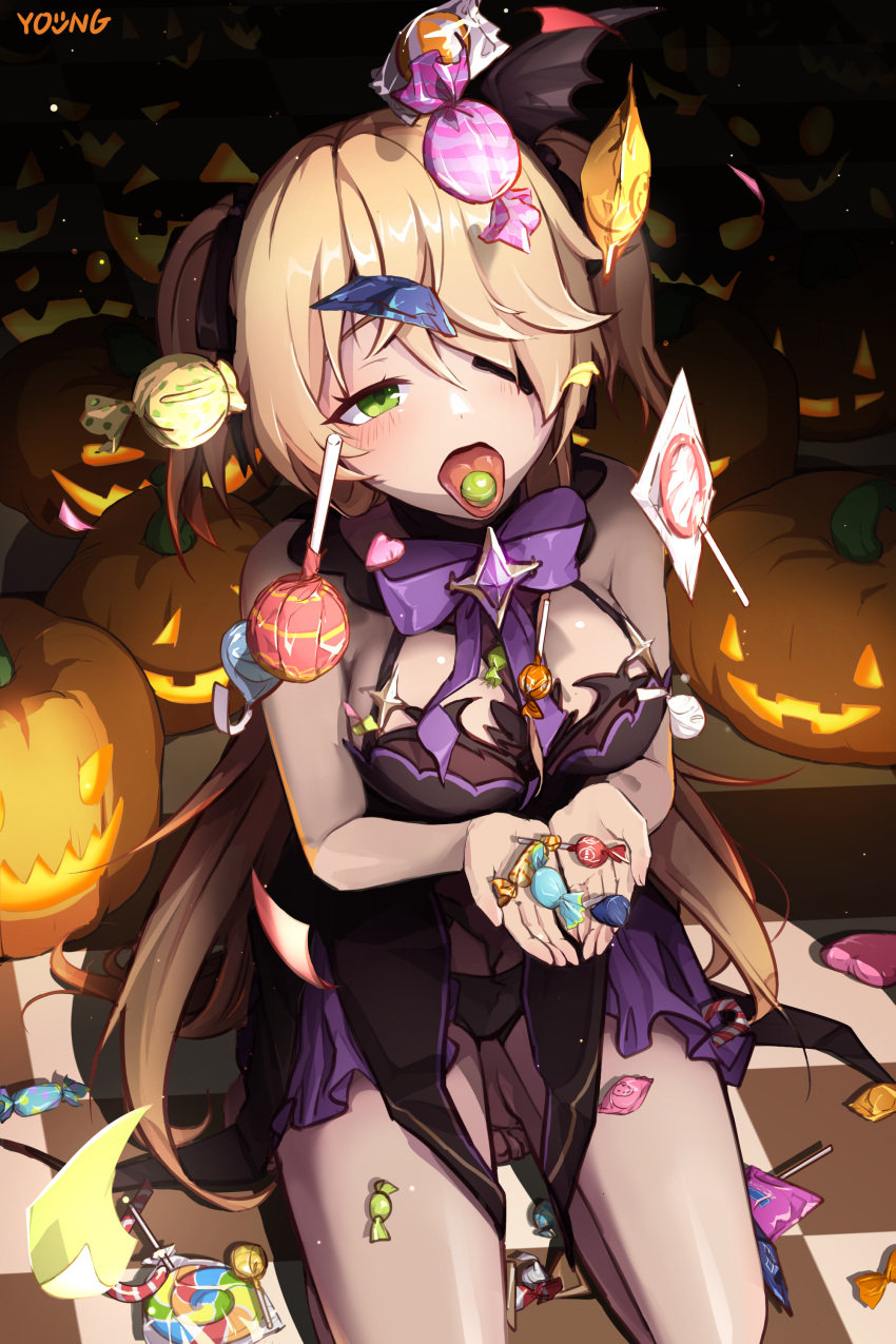 1girl 722_(tsk02324) absurdres blush bow bowtie breasts candy cupping_hands dress fischl_(genshin_impact) food genshin_impact green_eyes hair_ribbon half-closed_eyes halloween highres kneeling lollipop open_mouth outstretched_arms pumpkin ribbon sexually_suggestive solo sweets tongue tongue_out trick_or_treat twintails
