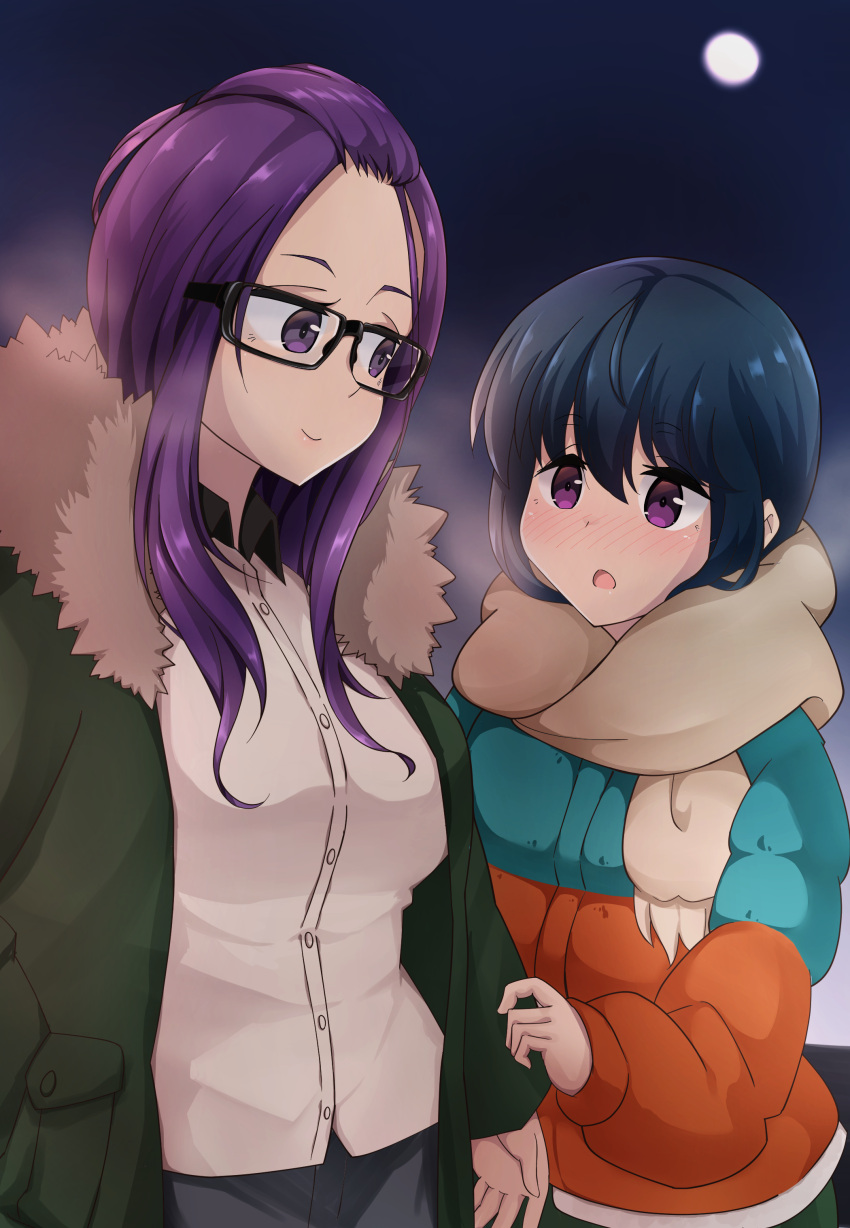 2girls absurdres bangs_pinned_back blue_hair blush coat cold commentary eye_contact full_moon glasses highres kagamihara_sakura long_hair looking_at_another masegohan moon multiple_girls night open_mouth outdoors pants purple_hair scarf shima_rin shirt sky sleeve_tug smile violet_eyes winter_clothes yuri yurucamp