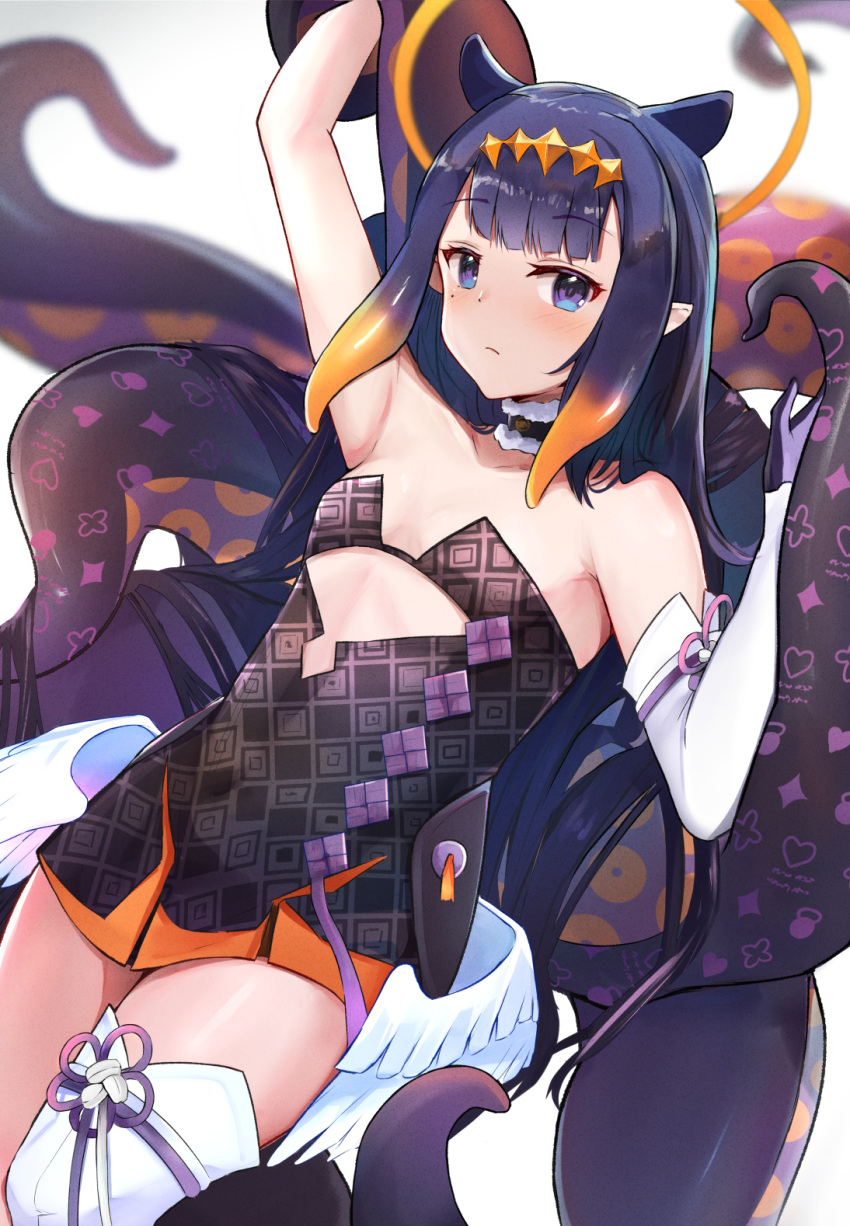 1girl arm_up bangs bare_shoulders blue_eyes blush breasts closed_mouth collarbone commentary dress elbow_gloves frown fur_collar gloves halo hand_up highres hololive hololive_english long_hair looking_at_viewer medium_hair mole mole_under_eye ninomae_ina'nis pointy_ears purple_hair shuuzo3 sidelocks single_glove single_thighhigh small_breasts solo tentacle_hair tentacles thigh-highs thighs virtual_youtuber wings