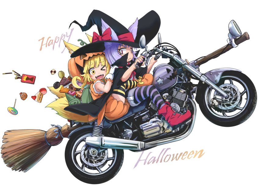 &gt;_o 2girls :&lt; :d animal_ears black_headwear black_legwear blush boots bow broom broom_riding candy closed_mouth dog_child_(doitsuken) dog_ears doitsuken driving ears_through_headwear english_text eyebrows_visible_through_hair fangs food fox_child_(doitsuken) fox_ears fox_tail from_side fusion ground_vehicle halloween_costume happy_halloween hat hat_bow leotard lollipop looking_at_viewer looking_to_the_side motor_vehicle motorcycle multiple_girls multiple_tails one_eye_closed open_mouth orange_shorts original pantyhose pocky pointy_footwear purple_legwear red_bow red_eyes red_footwear sanpaku shorts simple_background slit_pupils smile striped striped_legwear tail thigh-highs white_background witch_hat yellow_eyes yellow_leotard