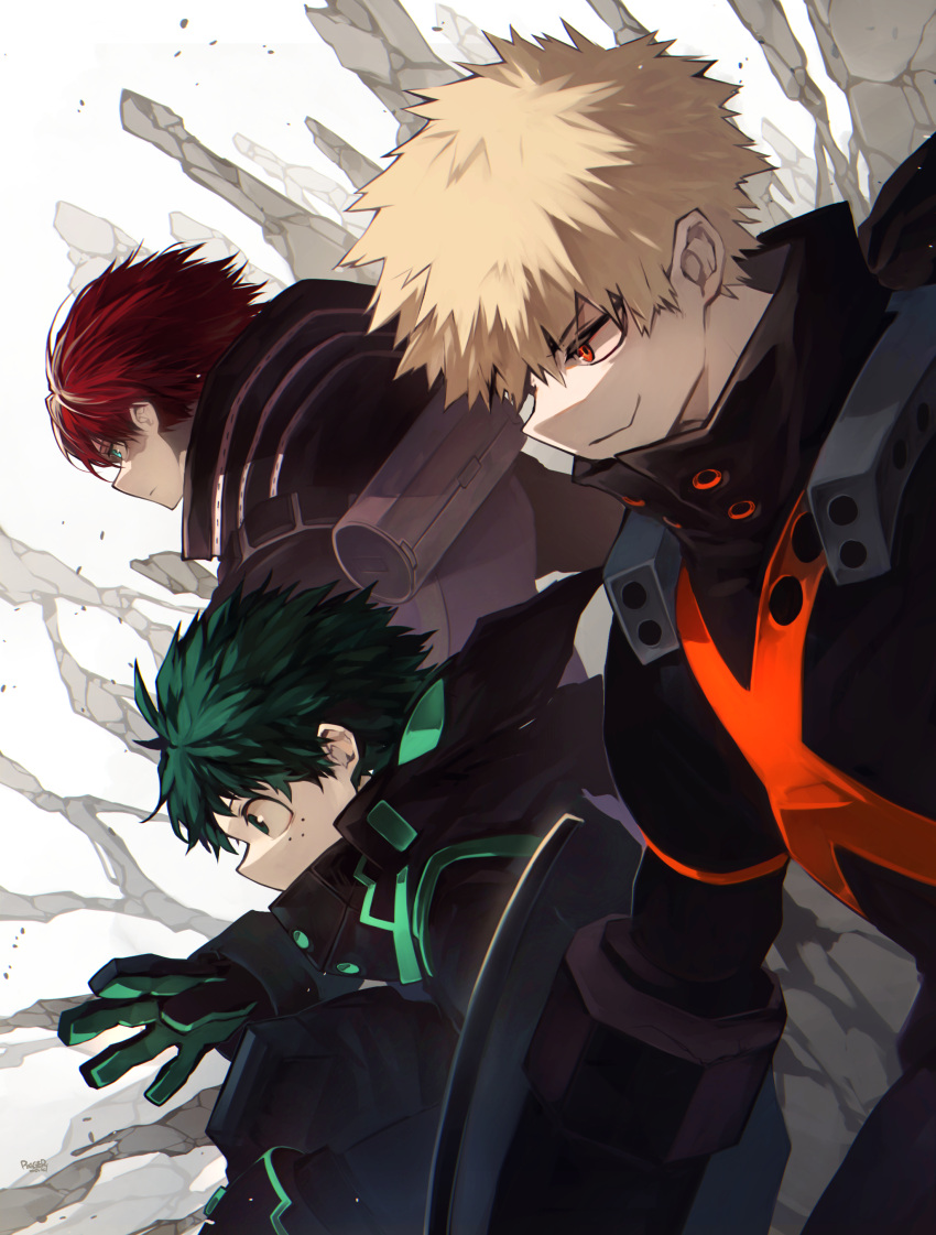 3boys absurdres alternate_eye_color bakugou_katsuki black_bodysuit black_gloves blonde_hair blue_eyes bodysuit boku_no_hero_academia burn_scar chromatic_aberration closed_mouth commentary_request container covered_mouth dutch_angle floating_hair freckles from_side gloves green_eyes green_gloves green_hair hand_up highres hood hood_down hooded_bodysuit leaning_forward looking_ahead male_focus mask mask_around_neck midoriya_izuku mouth_mask multicolored_hair multiple_boys official_alternate_costume open_hand orange_eyes outstretched_hand profile redhead rock ryo_(piggerworld) sanpaku scar scar_on_face short_hair side-by-side single_horizontal_stripe smile spiky_hair stone_pillar straight_hair todoroki_shouto two-tone_hair upper_body white_background white_hair x