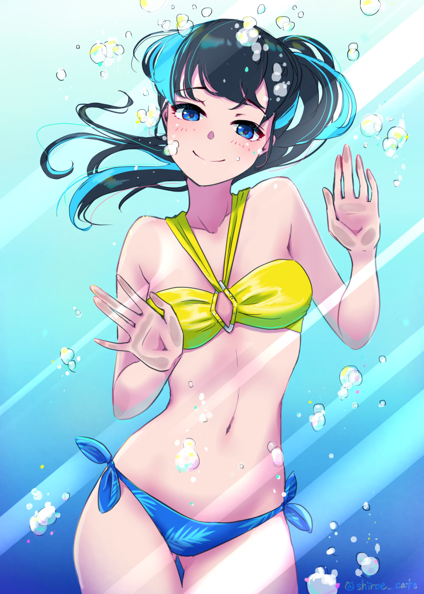 1girl absurdres against_fourth_wall against_glass air_bubble bikini black_hair blue_bikini blue_eyes blush breath bubble freediving glass hand_on_glass highres holding_breath long_hair looking_at_viewer multicolored multicolored_bikini multicolored_clothes navel pink_cava ponytail school_girl_strikers smile swimming swimsuit underwater yellow_bikini