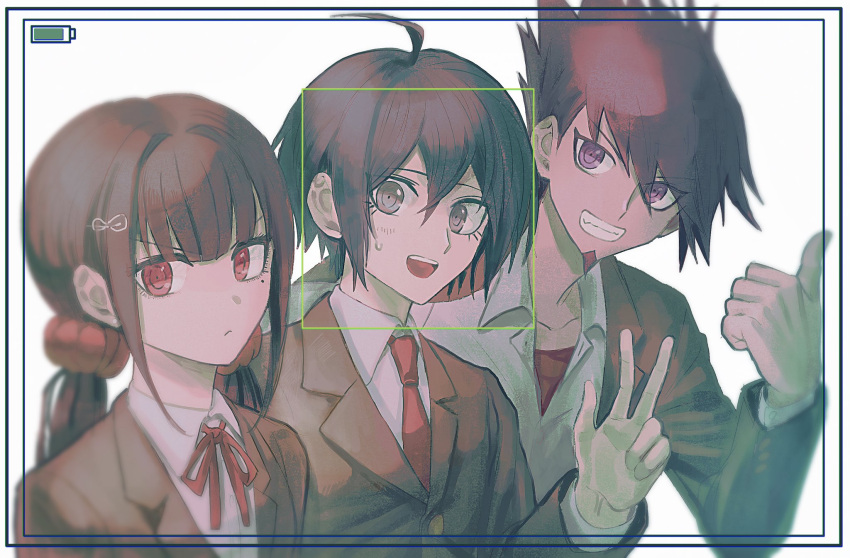 1girl 2boys :&lt; ahoge bangs black_hair brown_hair brown_jacket camera closed_mouth collared_shirt commentary_request dangan_ronpa fang grin hair_between_eyes hair_ornament hair_scrunchie hairclip highres jacket long_hair long_sleeves looking_at_viewer low_twintails mole mole_under_eye multiple_boys neck_ribbon new_dangan_ronpa_v3 open_mouth purple_hair red_neckwear red_ribbon red_scrunchie ribbon school_uniform scrunchie shirt short_hair smile sweatdrop thumbs_up twintails upper_teeth v-shaped_eyebrows violet_eyes visket53 w white_shirt