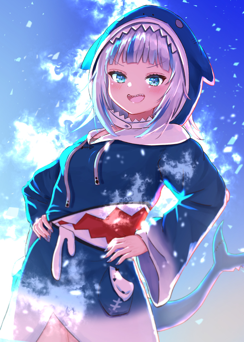1girl absurdres bangs blue_eyes breasts fue_(lars0713) gawr_gura hands_on_hips highres hololive hololive_english hood hoodie open_mouth shark_hoodie sharp_teeth small_breasts solo teeth virtual_youtuber white_hair