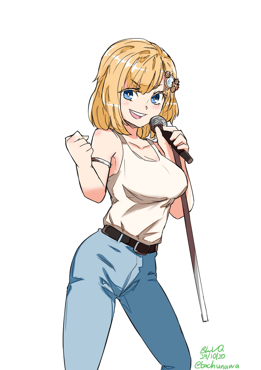 1girl absurdres artist_name bachunawa blonde_hair blue_eyes clenched_hand cosplay dated english_commentary freddie_mercury freddie_mercury_(cosplay) highres holding holding_microphone hololive hololive_english medium_hair microphone microphone_stand open_mouth queen_(band) solo tank_top virtual_youtuber watson_amelia white_background