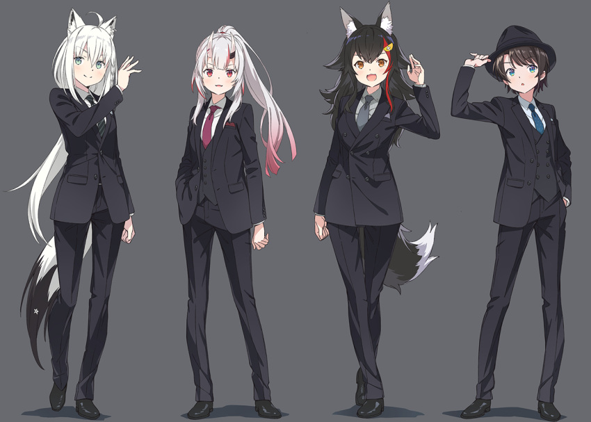 &gt;:) 4girls :d :o ahoge animal_ears arm_up bangs black_footwear black_hair black_headwear black_jacket black_neckwear black_pants blue_eyes blue_neckwear brown_eyes closed_mouth collared_shirt commentary_request diagonal-striped_neckwear diagonal_stripes eyebrows_visible_through_hair formal fox_ears fox_girl fox_tail green_eyes grey_background grey_shirt hair_between_eyes hand_in_pocket hand_on_headwear hand_up high_ponytail hololive horns jacket kanzaki_hiro long_hair long_sleeves multicolored_hair multiple_girls nakiri_ayame necktie oni oni_horns ookami_mio oozora_subaru open_mouth pant_suit pants parted_lips ponytail red_eyes red_neckwear redhead shadow shirakami_fubuki shirt shoes short_hair smile standing streaked_hair striped striped_neckwear striped_shirt suit tail v-shaped_eyebrows vertical-striped_shirt vertical_stripes very_long_hair virtual_youtuber white_hair white_shirt wolf_ears wolf_girl wolf_tail