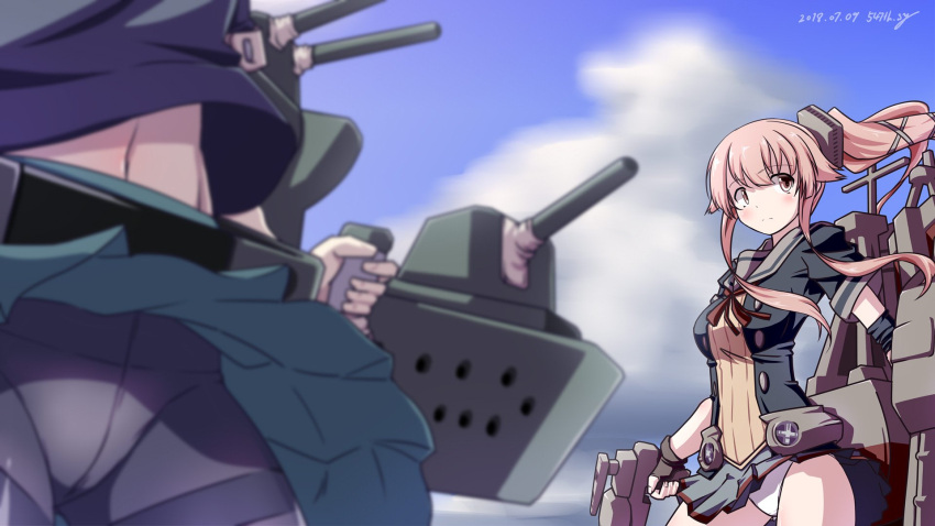 2girls 547th_sy adapted_costume artist_name black_gloves black_jacket black_legwear blue_sky blurry brown_eyes cannon clouds contrapposto cowboy_shot dated depth_of_field gloves green_skirt grey_sailor_collar grey_skirt hair_flaps head_out_of_frame highres jacket kantai_collection long_hair machinery multiple_girls navel neck_ribbon panties panties_under_pantyhose pantyhose partially_fingerless_gloves pink_hair pleated_skirt ponytail red_ribbon remodel_(kantai_collection) ribbon sailor_collar school_uniform serafuku short_sleeves skirt sky solo_focus standing underwear very_long_hair white_panties yura_(kantai_collection) yuubari_(kantai_collection)