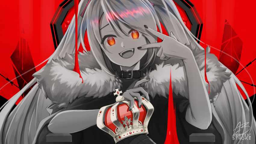 1girl :d absurdres acrylicstroke artist_name belt_collar black_nails collar commission crown fangs frown hatsune_miku highres king_(vocaloid) limited_palette long_hair looking_at_viewer open_mouth red_background red_eyes sitting slit_pupils smile solo throne twintails vocaloid w