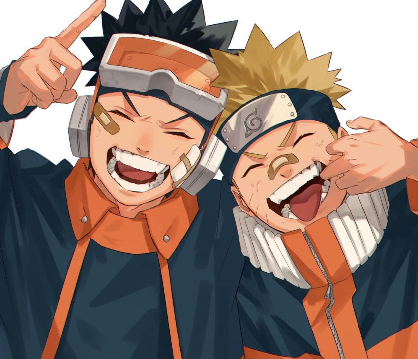 2boys ^_^ bandaid bandaid_on_face bandaid_on_nose black_hair blonde_hair blue_headband closed_eyes commentary_request facial_mark facing_viewer forehead_protector goggles goggles_on_head hand_up headband highres konohagakure_symbol long_sleeves male_focus mirin_(coene65) mouth_pull multicolored multicolored_clothes multiple_boys naruto naruto_(series) naruto_shippuuden orange_jumpsuit pointing short_hair simple_background smile spiky_hair teeth tongue uchiha_obito upper_body uzumaki_naruto v-shaped_eyebrows whisker_markings white_background zipper