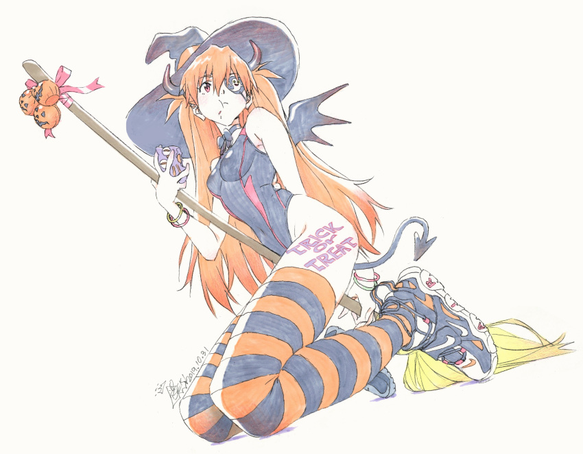 1girl 2019 :t absurdres black_choker black_swimsuit broom broom_riding choker competition_swimsuit cookie covered_navel dated demon_horns demon_tail demon_wings eating eyepatch food ghost groin halloween halloween_costume hat highleg highleg_swimsuit highres horns iseki_shuuichi jack-o'-lantern kneeling neon_genesis_evangelion one-piece_swimsuit ribbon_choker skin_tight solo souryuu_asuka_langley striped striped_legwear swimsuit tail thighs traditional_media trick_or_treat wings witch_hat