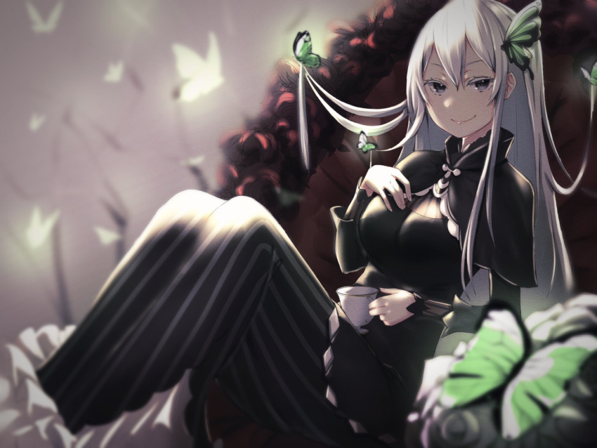 1girl bangs black_capelet black_dress black_flower blush breasts bug butterfly butterfly_hair_ornament capelet closed_mouth cup dress echidna_(re:zero) flower from_side glowing green_butterfly hair_between_eyes hair_ornament hair_up hand_on_own_chest hand_up highres insect large_breasts long_hair long_sleeves looking_at_viewer onigirisss re:zero_kara_hajimeru_isekai_seikatsu silver_hair sitting smile solo striped striped_dress symbol_commentary teacup very_long_hair violet_eyes