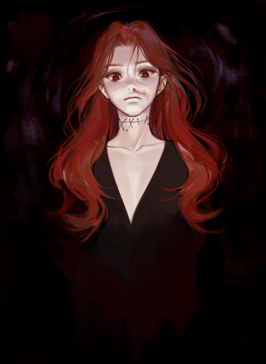 1girl absurdres black_dress blood closed_mouth collarbone commentary copyright_request dress english_commentary highres long_hair looking_at_viewer nosebleed oyabuli red_eyes redhead smeared_blood solo stitched_neck v-neck