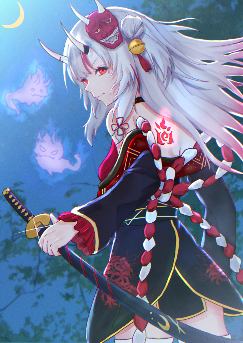 1girl absurdres back bangs bell fue_(lars0713) glowing_tattoo hair_bell hair_ornament highres holding holding_sword holding_weapon hololive horns katana looking_back moon nakiri_ayame night oni oni_horns oni_mask red_eyes sword tattoo v-shaped_eyebrows virtual_youtuber weapon white_hair