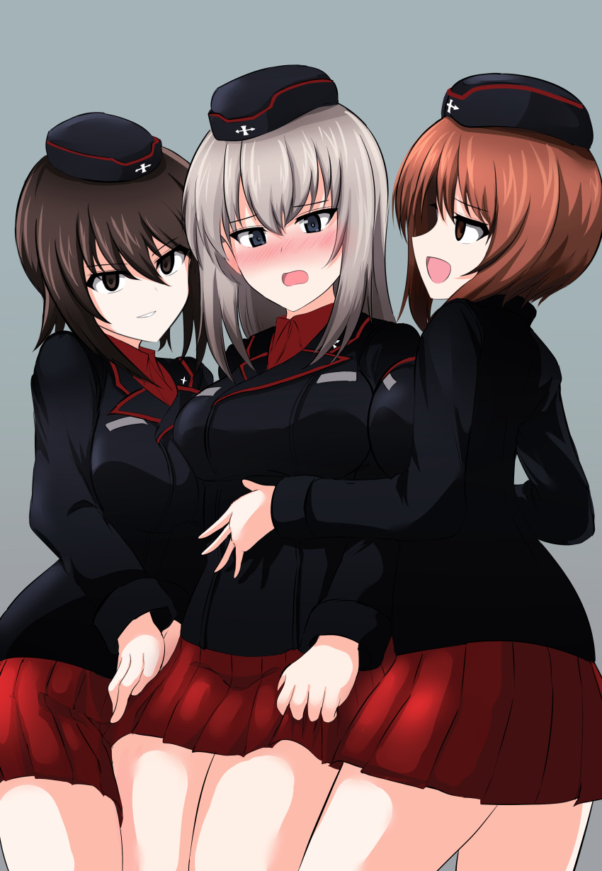 3girls absurdres aikir_(jml5160) bangs black_headwear black_jacket blue_eyes blush brown_eyes brown_hair commentary cowboy_shot dress_shirt frown garrison_cap girl_sandwich girls_und_panzer grey_background grey_hair half-closed_eyes hands_on_another's_stomach hat highres holding_hands insignia itsumi_erika jacket kuromorimine_military_uniform light_smile long_sleeves looking_at_another looking_at_viewer medium_hair military military_hat military_uniform miniskirt multiple_girls nishizumi_maho nishizumi_miho open_mouth parted_lips pleated_skirt red_shirt red_skirt sandwiched shirt short_hair siblings simple_background sisters skirt smirk standing uniform wing_collar yuri