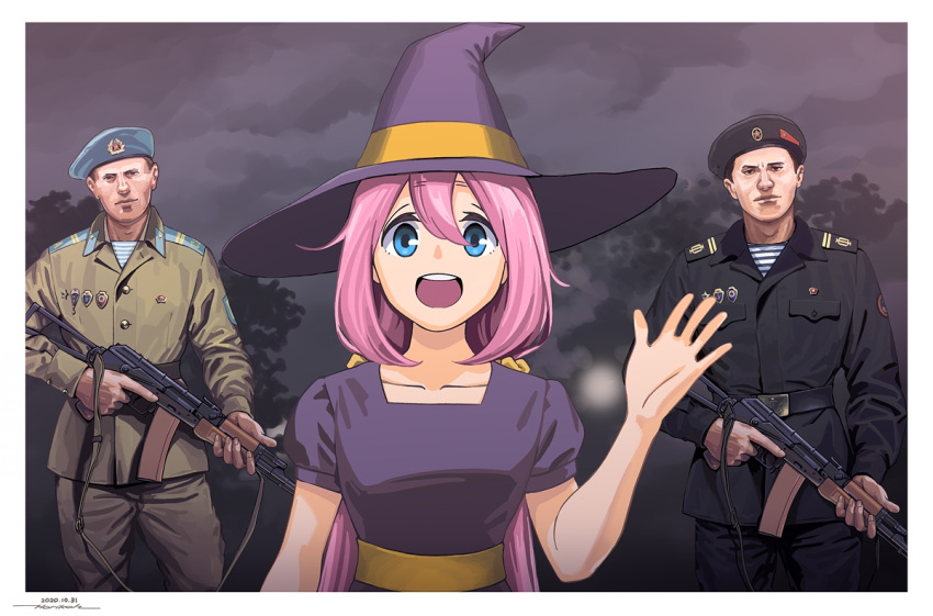 1girl 2boys :d black_eyes black_jacket black_pants blue_eyes border brown_hair character_request closed_mouth dated dress grey_jacket grey_pants gun hair_ornament hair_scrunchie halloween halloween_costume hand_up hat holding holding_gun holding_weapon horikou jacket kagamihara_nadeshiko looking_at_viewer low_twintails military military_uniform multiple_boys open_mouth original pants pink_hair puffy_short_sleeves puffy_sleeves purple_dress purple_headwear real_life round_teeth sash scrunchie short_sleeves signature smile soviet soviet_navy teeth trigger_discipline twintails uniform upper_teeth waving weapon weapon_request white_border witch_costume witch_hat yurucamp