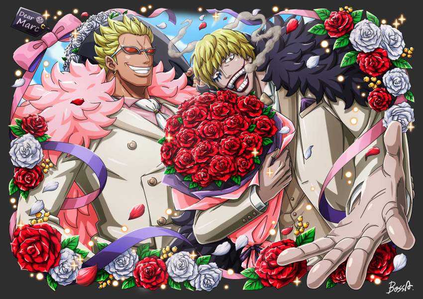 2boys absurdres alternate_costume alternate_hairstyle blonde_hair bossa bouquet bow bowtie brothers cigarette cravat donquixote_doflamingo donquixote_rocinante feather_boa flower foreshortening formal highres holding holding_bouquet long_sleeves male_focus multiple_boys official_style one_piece petals rose rose_petals short_hair siblings smile smoke smoking suit sunglasses white_suit
