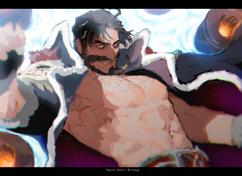 1boy abs bara beard belt black_hair blurry cannon cape chest_hair clenched_hand edward_teach_(fate/grand_order) facial_hair fate_(series) fingerless_gloves gloves grin letterboxed looking_at_viewer male_focus mustache navel omuraisusyougunn red_eyes smile upper_body