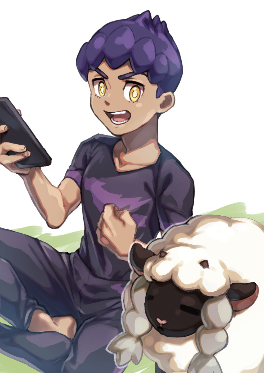 1boy barefoot commentary_request dark_skin dark_skinned_male gen_8_pokemon highres holding hop_(pokemon) komame_(st_beans) male_focus open_mouth pants pokemon pokemon_(creature) pokemon_(game) pokemon_swsh purple_hair shirt short_hair short_sleeves t-shirt teeth tongue wooloo yellow_eyes