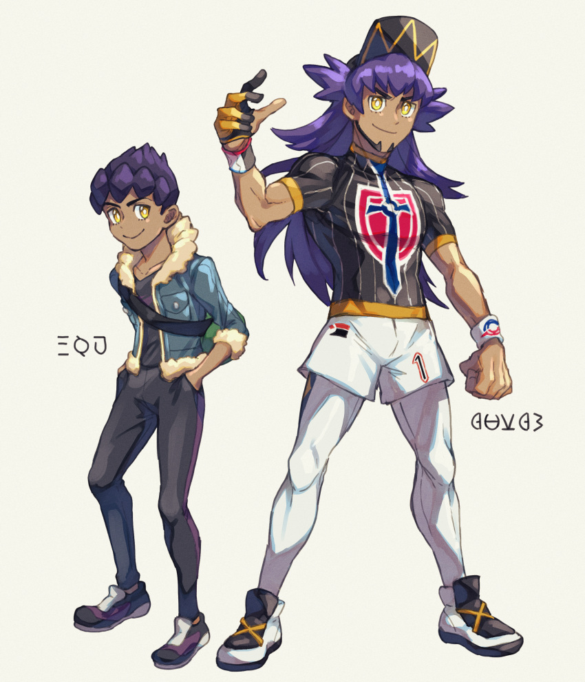 2boys absurdres bangs baseball_cap brothers champion_uniform closed_mouth commentary_request dark_skin dark_skinned_male dynamax_band facial_hair fur-trimmed_jacket fur_trim gloves hands_in_pockets hat highres hop_(pokemon) huge_filesize jacket komame_(st_beans) leon_(pokemon) long_hair looking_at_viewer male_focus multiple_boys partially_fingerless_gloves pokemon pokemon_(game) pokemon_swsh purple_hair shirt short_hair siblings single_glove smile yellow_eyes