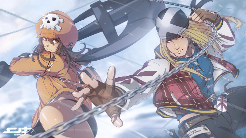 1boy 1girl absurdres alexander_chesnok anchor artist_name axl_low bandana battle blonde_hair blue_eyes chain fingerless_gloves gloves guilty_gear guilty_gear_strive hat highres hood hoodie jacket kama_(weapon) long_hair may_(guilty_gear) orange_hoodie sickle skull_and_crossbones