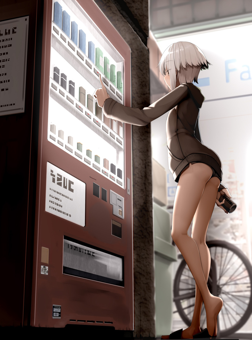 1girl ass bangs bicycle can eyebrows_visible_through_hair flat_chest genek grey_eyes grey_hair ground_vehicle highres holding holding_can legs long_sleeves original short_hair short_shorts shorts sidelocks sweater thighs