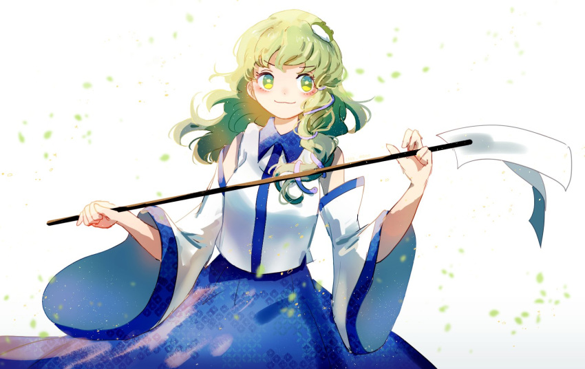 1girl :3 bangs blue_skirt closed_mouth collared_shirt curly_hair detached_sleeves frog frog_hair_ornament gohei green_eyes green_hair hair_ornament highres japanese_clothes kochiya_sanae long_hair long_skirt long_sleeves looking_at_viewer miko nontraditional_miko papang shirt simple_background skirt sleeveless sleeveless_shirt snake snake_hair_ornament solo touhou white_background white_shirt