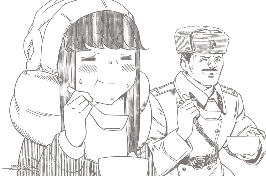 1boy 1girl :t =_= blush bowl brown_theme character_request closed_eyes closed_mouth coat dated eating facial_hair fur_hat hand_up hat holding holding_bowl holding_spoon horikou long_hair long_sleeves military_coat monochrome mustache original real_life scarf short_hair signature simple_background smile soldier soviet soviet_army spoon sweat sweater ushanka very_short_hair white_background yurucamp