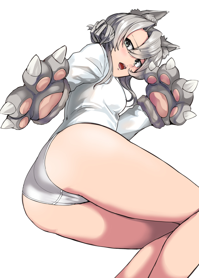1girl absurdres animal_ears ass asymmetrical_hair bangs claws cowboy_shot flipped_hair from_below gloves grey_eyes highres kantai_collection leotard looking_at_viewer nowaki_(kantai_collection) paw_gloves paws silver_hair simple_background solo swept_bangs tail uni_(uni-strain) white_background white_leotard wolf_ears wolf_tail