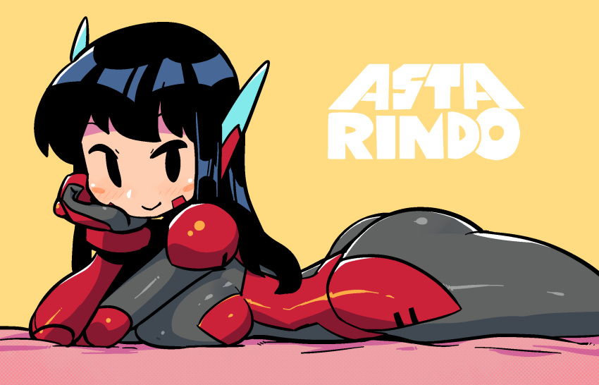 1girl asta_rindo black_eyes black_hair bodysuit breast_press breasts character_name chin_rest closed_mouth covered_nipples from_side grey_bodysuit highres large_breasts long_hair looking_at_viewer lying on_stomach original rariatto_(ganguri) robot_ears simple_background smile solo yellow_background