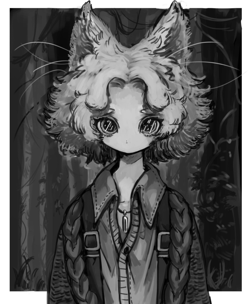 1other androgynous animal_ears big_hair border closed_mouth dog_tags dot_nose greyscale highres jacket looking_at_viewer medium_hair monochrome original shima_(wansyon144) solo upper_body white_border