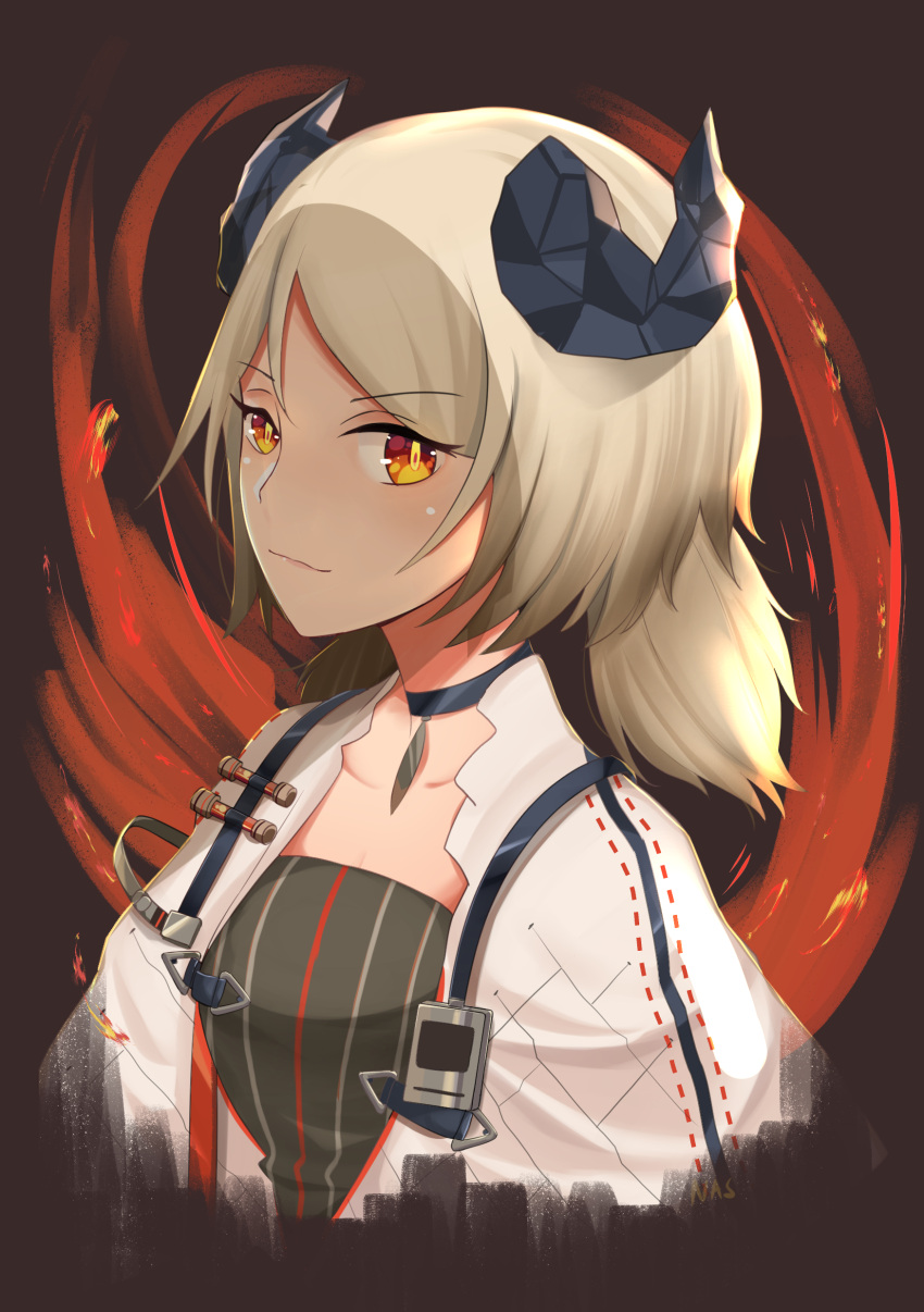 1girl absurdres arknights artist_name collarbone demon_horns eyebrows_visible_through_hair eyelashes gradient gradient_background highres horns ifrit_(arknights) looking_at_viewer nassss orange_eyes platinum_blonde_hair short_hair solo upper_body