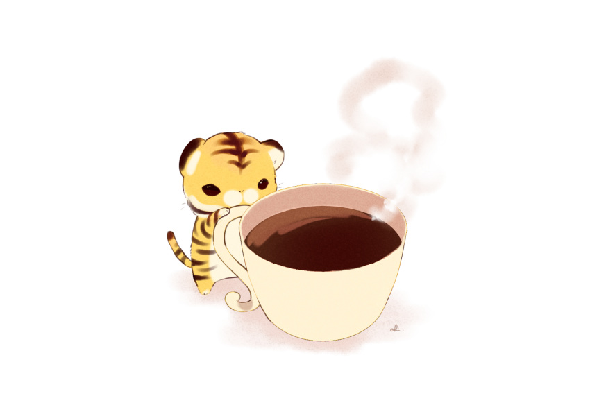 chai coffee coffee_mug commentary_request cup highres mug no_humans original signature steam tiger undersized_animal white_background