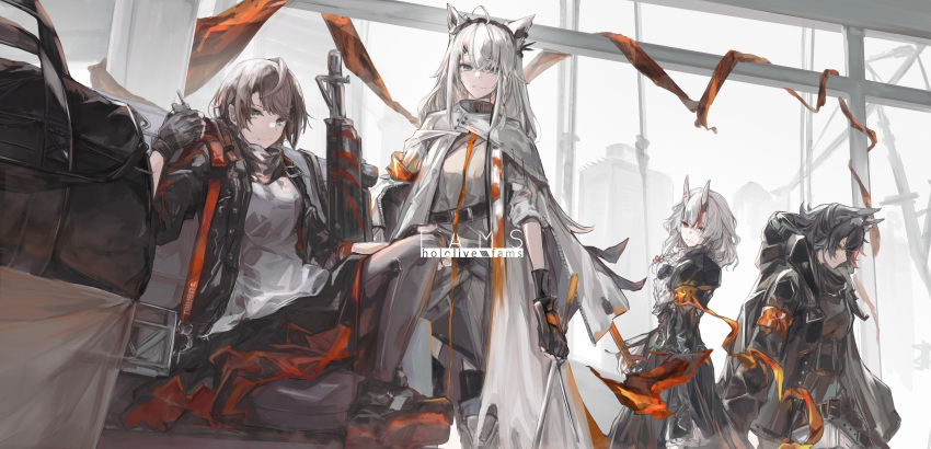 4girls absurdres animal_ear_fluff animal_ears aqua_eyes arknights armband bag cosplay crossed_legs crossover duffel_bag fams_(group) faust_(arknights) faust_(arknights)_(cosplay) fox_ears frostnova_(arknights) frostnova_(arknights)_(cosplay) highres hololive horns multiple_girls nakiri_ayame oni oni_horns ookami_mio oozora_subaru reunion_logo_(arknights) shirakami_fubuki sidelocks talulah_(arknights) talulah_(arknights)_(cosplay) tsumeki virtual_youtuber w_(arknights) w_(arknights)_(cosplay) weapon white_hair wolf_ears wolf_girl