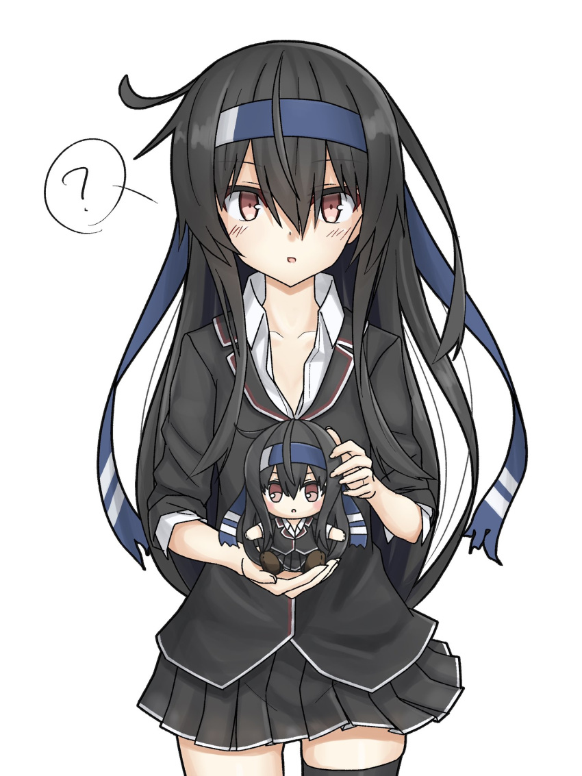 1girl ? black_hair black_legwear black_skirt blazer blue_headband character_doll commentary_request hatsushimo_(kantai_collection) headband highres jacket kantai_collection long_hair looking_at_viewer low-tied_long_hair pleated_skirt red_eyes remodel_(kantai_collection) school_uniform simple_background single_thighhigh skirt solo spoken_question_mark thigh-highs umino_ht white_background