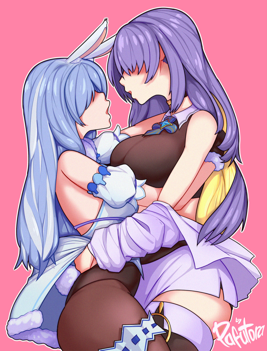 2girls animal_ears artist_name blonde_hair blue_hair breasts bunny_tail colored_inner_hair faceless faceless_female highres hololive hololive_indonesia hug large_breasts long_hair moona_hoshinova multicolored_hair multiple_girls open_mouth pafutora pink_background purple_hair rabbit_ears skindentation tail thick_thighs thighs usada_pekora virtual_youtuber yuri