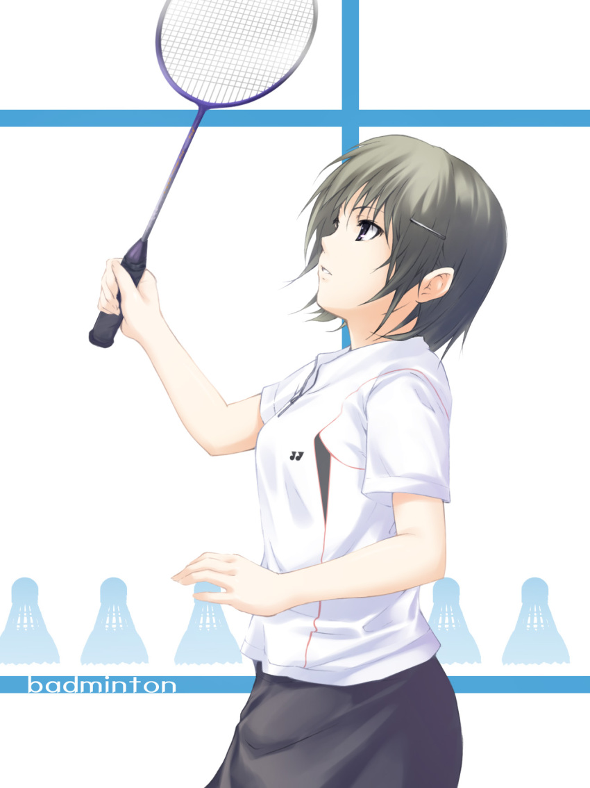 badminton_racket blue_eyes coffee-kizoku grey_hair hair_ornament hairclip highres original racket short_hair silver_hair