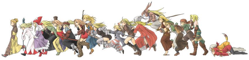 absurdres archer_(fft) arithmetician_(fft) armor bandana black_mage black_mage_(fft) blonde_hair blush boots bow_(weapon) cape chemist_(fft) dancer_(fft) dragoon dragoon_(fft) everyone final_fantasy final_fantasy_tactics geomancer_(fft) gloves hair_bun hat headband heart helmet highres knight_(fft) leggings long_hair long_image mime_(fft) monk_(fft) mystic_(fft) ninja_(fft) orator_(fft) polearm ponytail samurai_(fft) sheath sheathed short_hair spear squire_(fft) striped summoner_(fft) sword thief_(fft) time_mage time_mage_(fft) weapon white_mage white_mage_(fft) wide_image